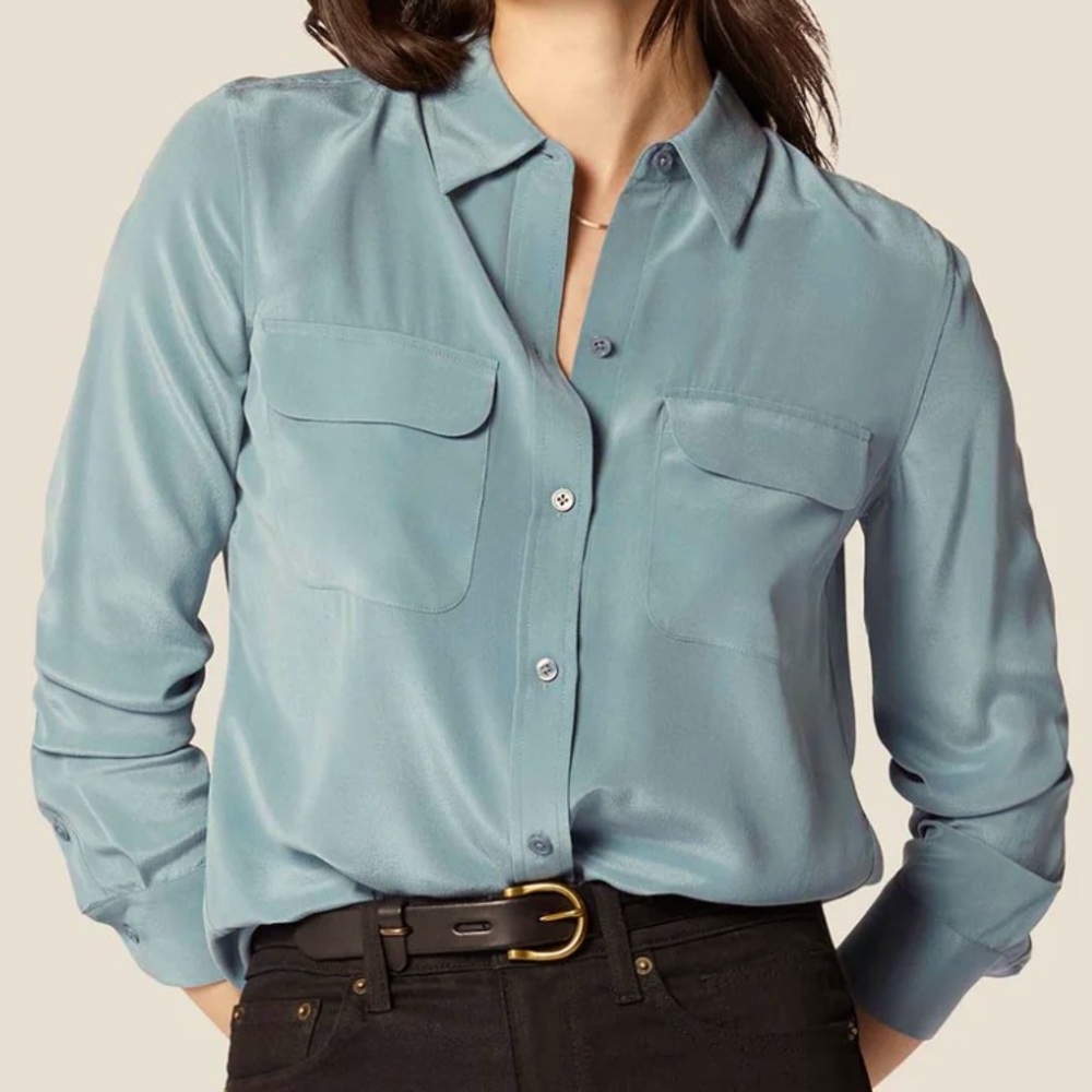 Equipment Silk Green Long Sleeve Button Up Fall Blouse Top Shirt- Size Medium